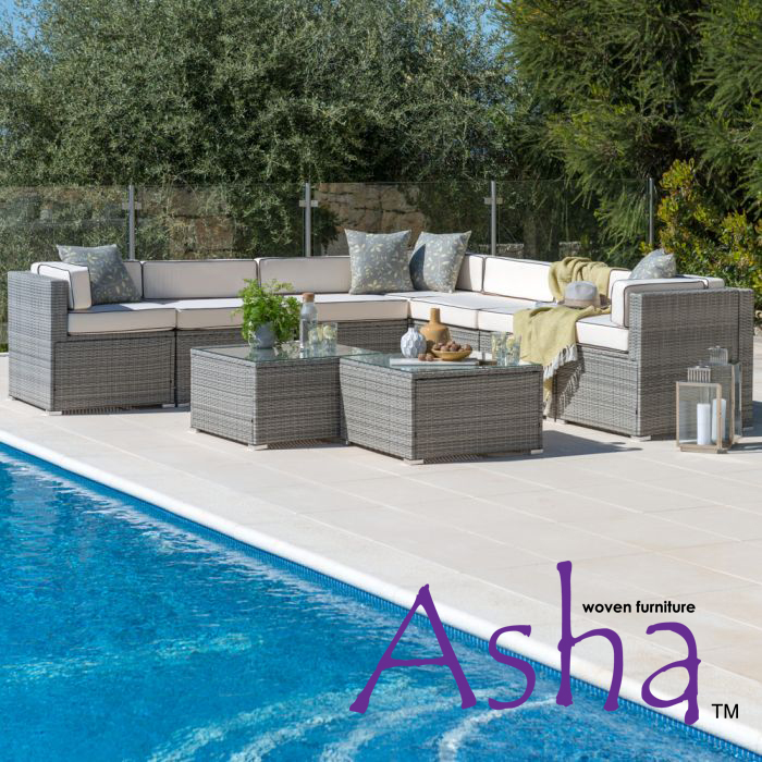 Conjunto de Sofá Modular Esquinero de Jardín, Sherborne  9 Plazas con 2 Mesas/Taburetes - Combinación Gris - por Asha™