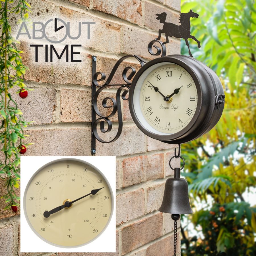 Reloj/Termómetro de Jardín con Caballo y Campana Decorativa - 47cm - About Time™