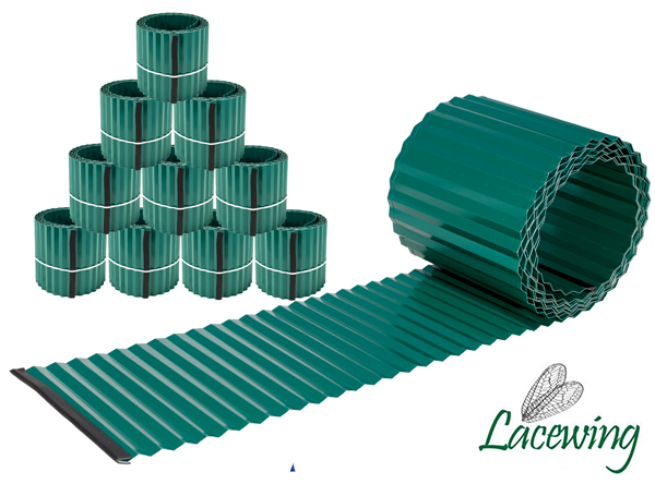 Pack de 10x 5m Rollo de Perfil Delimitador para Jardín de Acero Galvanizado Corrugado - Verde - A16.5cm