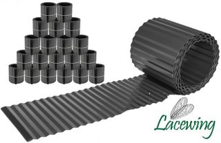 Pack de 20x 5m Rollo de Perfil Delimitador para Jardín de Acero Galvanizado Corrugado - Negro- A16.5cm